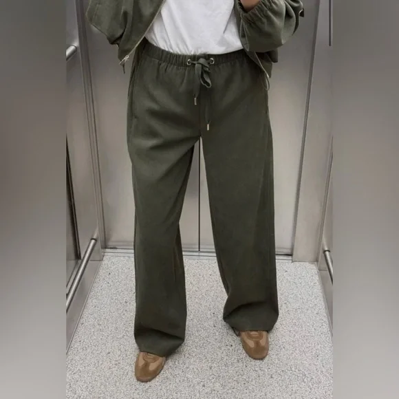 ZARA TEXTURED WIDE LEG PANTS DARK KHAKI GREEN - Picture 4 of 6